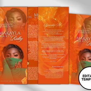17&quot;x11&quot; GATEFOLD Memorial program| Orange and Green Funeral Program |Celebration of Life |Keepsake |Digital Download |Canva Template