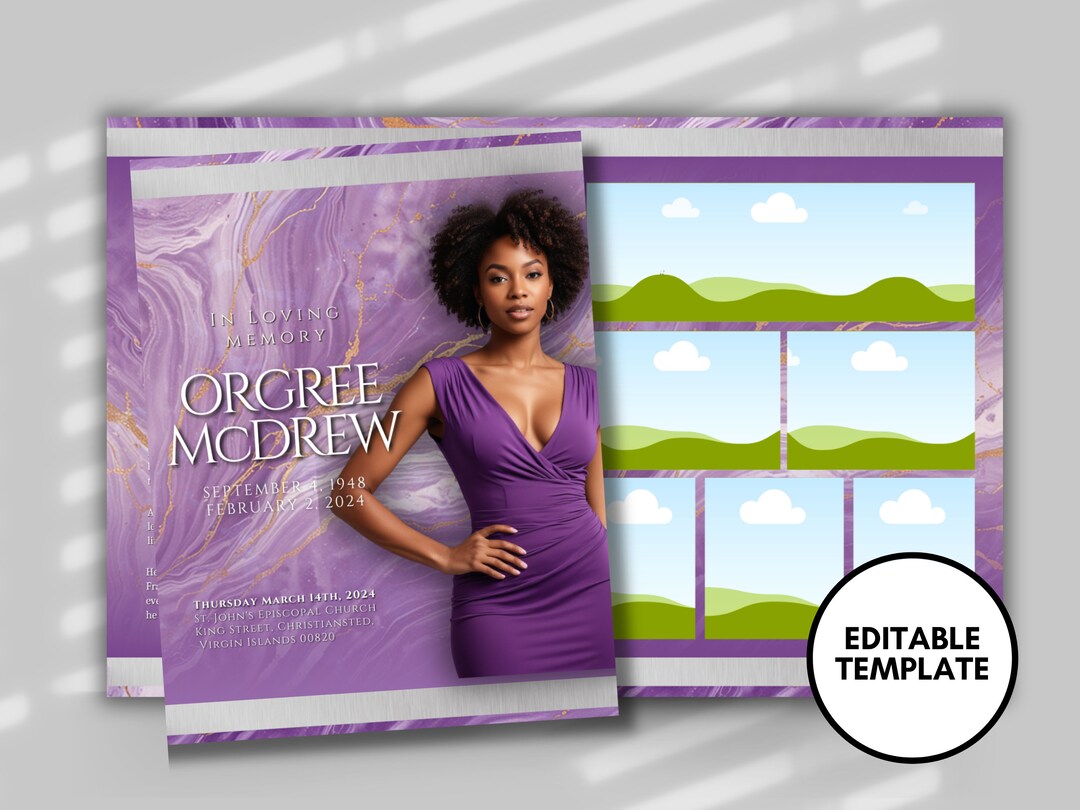 Purple Funeral Program Template: 8-page Memorial Booklet
