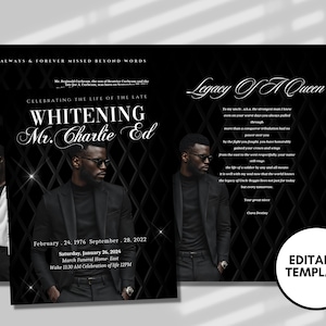 Plantilla de obituario para hombres negros: Programa funerario de 8 páginas (Plantilla de Canva)