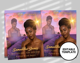 Può includere: Due biglietti commemorativi con il ritratto di una donna sullo sfondo di un campo di lavanda e di un tramonto. Il testo "IN LOVING MEMORY" è in alto, con il nome "Samantha Jones" e le date sottostanti. Un biglietto ha un adesivo "EDITABLE TEMPLATE".