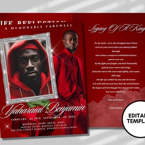 Rote Nachruf-Vorlage: Männer feiern das Leben (Canva Template)