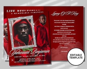 May include: A red and silver memorial card with a photo of a man in a red hoodie. The card has the text "Life Reflection A Memorable Farewell" and "Legacy of a King". The text on the card reads "To my uncle, aka the strongest man I knew even on your worst days you always pulled through more than a conqueror tribulation had no power over you by the fight you fought, you have honorably gained your crown and wings from the east to the west respectfully, your name still rings the life of a soldier by any and all means it is well with my soul now that the world knows the legacy of Uncle Reggie lives not just for today but every tomorrow. Your great niece Clara Destiny". The card also has the text "Yaharaial Benjamin February 24, 1976 September 28, 2022 Monday, June 26th, 2023 Mount Olive Baptist Church 330 4th Street Rankin, Pennsylvania 15104".
