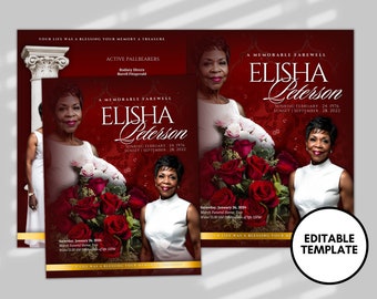 8.5"x 11" RED bouquet Obituary Template (8 pages)  Red Style Funeral Program | Celebration of Life |Women gold Rose Obituary |Canva Template