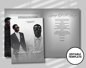 Men's Funeral Program Template: Gray Obituary, Celebration of Life (Canva Template)