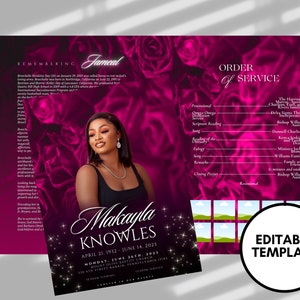 8.5&quot;x 11&quot; PINK Obituary Template (4 pages) |Dark Pink Style Funeral Program | Celebration of Life |Women Pink Rose Obituary |Canva Template