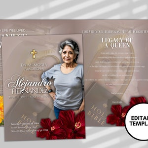 Pink Rose Funeral Program Template: Catholic Obituary (Canva, 8.5&quot;x11&quot;)