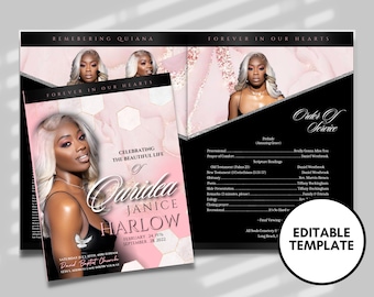 Plantilla de programa funerario rosa y negro: Celebración de la vida (Canva, 8,5" x 11")