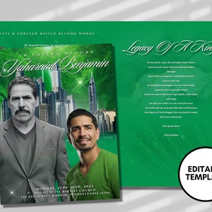 8.5&quot;x 11&quot; Green City Obituary Template (8 pages) Men&#39;s Green Style Funeral Program | Celebration of Life | Obituary|Canva Template