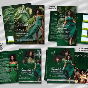 May include: A collection of memorial programs and booklets in various sizes. The designs feature a woman in a green dress, with text including names and dates. The color scheme is primarily green and white.