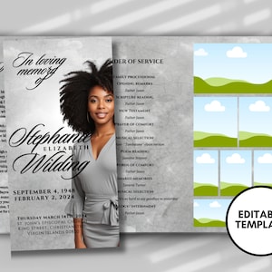 May include: A black and white funeral program template with a photo of a woman. The program includes the order of service, a poem reading, words of comfort, shared memories, and a musical selection. The template is editable.