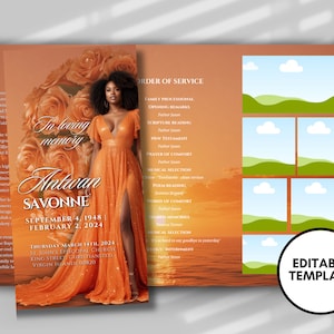 Puede incluir: Plantilla de programa de funeral naranja y blanco con una foto de una mujer con un vestido naranja. La plantilla incluye un orden de servicio con texto como "Procesión familiar", "Comentarios de apertura", "Lectura de las Escrituras", "Nuevo Testamento", "Oración de consuelo", "Selección musical", "Lectura de poemas", "Palabras de consuelo", "Recuerdos compartidos", "Selección musical", "Elogio/Entierro". La plantilla también incluye una sección para "En memoria cariñosa" con el nombre "Antwan Savonne" y las fechas "4 de septiembre de 1948" y "2 de febrero de 2024".