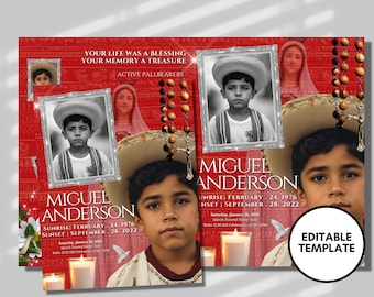 May include: A red and white memorial card with a photo of a young boy in a white shirt and a black vest. The card includes the name Miguel Anderson, dates of birth and death, and the text "Your life was a blessing, your memory a treasure".