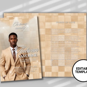 May include: A tan and white memorial card with a photo of a man in a tan suit. The text "In loving memory" is at the top of the card, followed by the name "Antwan Savonne" and the dates "September 1948 - February 22024". The card also includes information about the funeral service, which will be held on Thursday, March 14, 2024 at John's Episcopal Church.