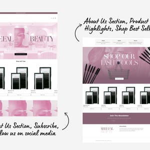 May include: A website homepage for a beauty brand called Abreel Beauty. The website features a pink and white color scheme and includes a section for shop our lash tools, an about us section, and a subscribe to our newsletter section.