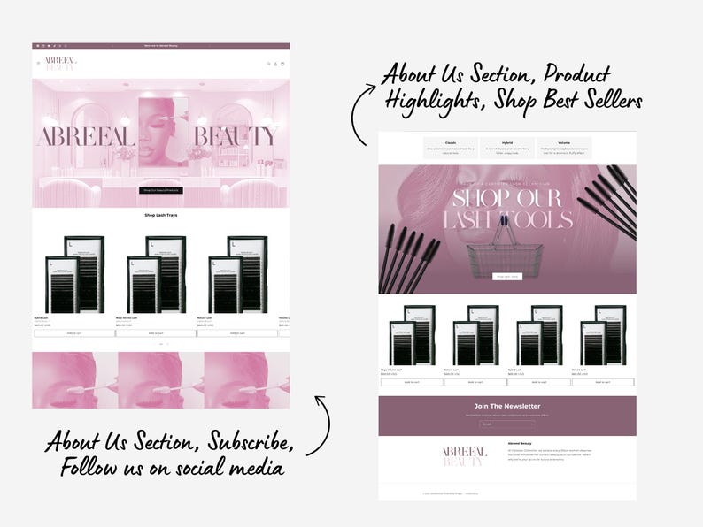 May include: A website homepage for a beauty brand called Abreel Beauty. The website features a pink and white color scheme and includes a section for shop our lash tools, an about us section, and a subscribe to our newsletter section.