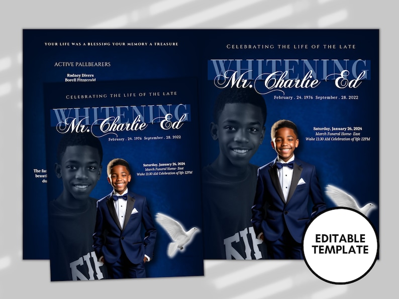 Navy Blue Elegant Funeral Program Template: Yellow Cloud Design