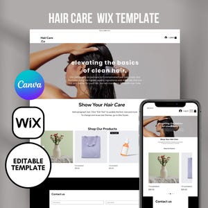 May include: A Wix website template for a hair care company. The template features a white background with black text and images. The text says "elevating the basics of clean hair." and "Show Your Hair Care". The image shows a woman with long, dark hair. The template also includes a section for products, with images of a tote bag and a bottle of hair oil. The template is editable, so you can customize it to fit your needs.