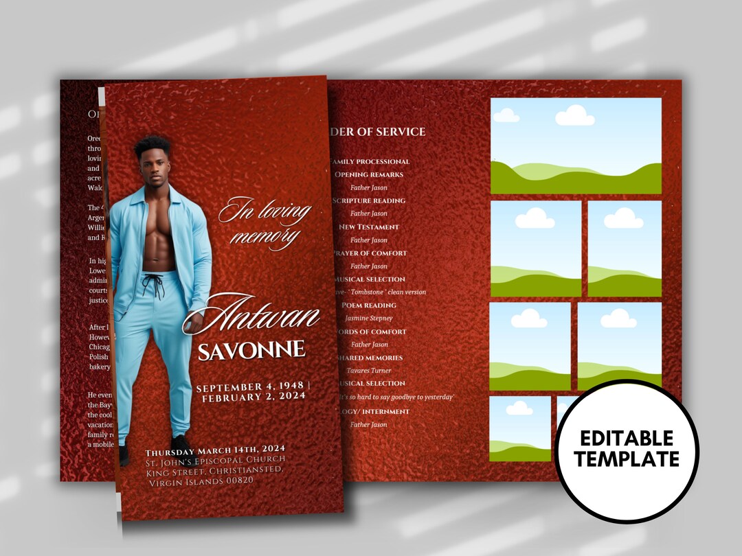Fiery Red Funeral Program Template: Mens Trifold Brochure (17x11 ...