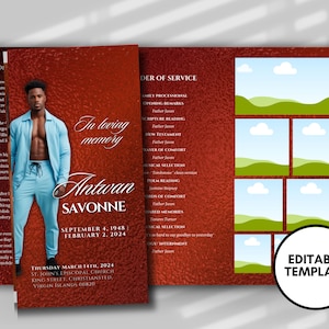 Funeral programs 17x11 editable template TRIFOLD Mens Fiery Red metal Luxury In loving memory funeral brochure printing DIY Funeral booklet