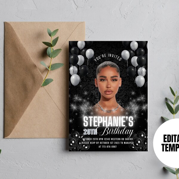 Editable 20th Birthday Party Invitation, Black and Silver invite, Dark and Classy Editable Template, Instant Download