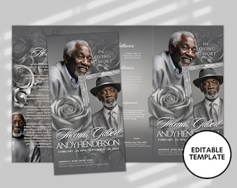 Elegant Funeral Obituary Program Template: Blue Rose, Celebration of Life (Canva, 17&quot;x11&quot;)