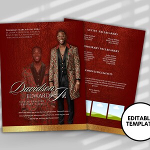Red Vintage Funeral Program Template: 2-Page DIY Booklet (8.5x11) (Canva Editable)