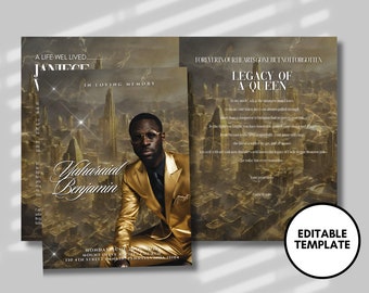 Gold City Obituary Template: Men's Funeral Program (Canva Template)