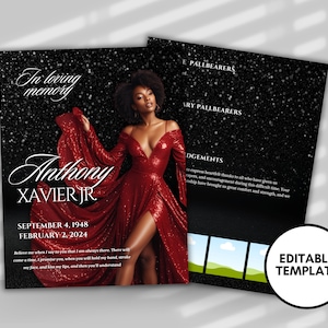 Red & Black Funeral Program Template: Sparkling In Loving Memory (8.5x11, Editable Canva)