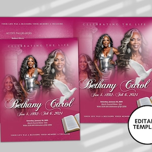 8.5&quot;x 11&quot; HOT PINK Obituary Template (4 pages)  Pink Style Funeral Program | Celebration of Life |Women Pink Rose Obituary |Canva Template