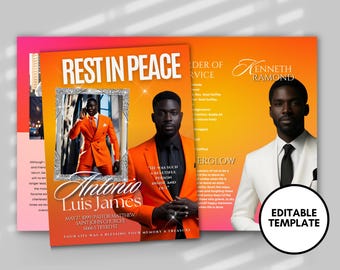 May include: A memorial service template with a vibrant orange and pink gradient background. The design features portraits of a man in an orange suit and a white suit. Text includes "Rest in Peace", "Order of Service", and "Editable Template".