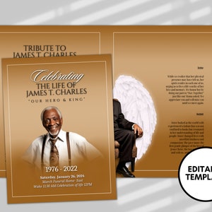 Funeral programs rest in peace editable template 8 page man canva tan In loving memory funeral brochure printing DIY Funeral booklet