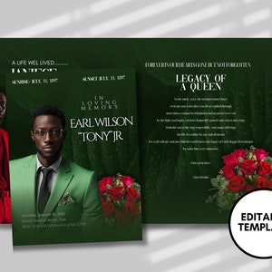 Funeral Memorial Booklet (8 pages) |Green Red Rose Funeral Program | In Loving Memory  |Men&#39;s Green Obituary Program |Canva Template