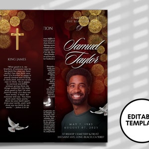 RED GATEFOLD  Memorial program| Red And Gold Custom Funeral Program |Celebration of Life |Keepsake |Digital Download |Canva Template