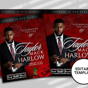 8.5&quot;x 11&quot;  RED AND SILVER Dramatic Obituary Template (4 pages)  In loving memory Red Rose Style Funeral Program |Celebration of Life | Canva