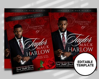 Red Rose Funeral Program Template: Obituary, Celebration of Life (Canva, 8.5&quot;x11&quot;)