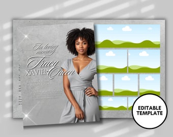 Women's Grey Funeral Program Template: 8-Page Memorial Booklet (DIY Canva)