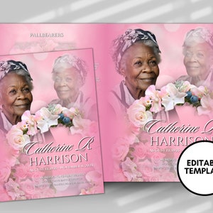 8.5&quot;x 11&quot; Elder PINK Obituary Template (4 pages)  Pink Style Funeral Program | Celebration of Life |Women Pink Rose Obituary |Canva Template