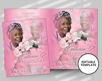 8.5&quot;x 11&quot; Elder PINK Obituary Template (4 pages)  Pink Style Funeral Program | Celebration of Life |Women Pink Rose Obituary |Canva Template