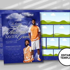 Programmes funéraires 8,5 x 11 pouces, modèle modifiable, 8 pages bleu argent pour hommes, impression de brochure pour les funérailles à la mémoire des hommes à faire soi-même