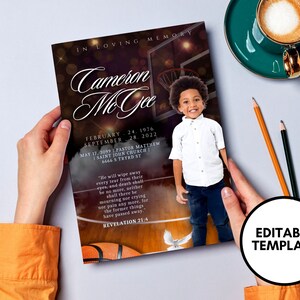 May include: A black and brown basketball themed memorial booklet with a photo of a young boy in a white shirt and blue jeans. The booklet has the text "In Loving Memory Cameron McGee" and the dates "February 24, 1976" and "September 28, 2022". The booklet also includes a quote from the Bible, Revelation 21:4.