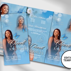 8.5&quot;X14&quot; FUNERAL OBITUARY TEMPLATE (2 pages) |Elegant Style Funeral Program | Celebration of Life |Women Blue Rose Obituary |Canva Template
