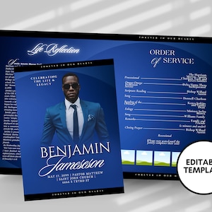 8.5&quot;x11&quot; BOOKLET Memorial program (4 pages)| BLUE Funeral Program |Celebration of Life |Keepsake |Digital Download |Canva Template