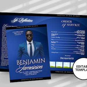 8.5"x11" BOOKLET Memorial program (4 pages)| BLUE Funeral Program |Celebration of Life |Keepsake |Digital Download |Canva Template