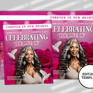 Pink Rose Funeral Program Template: Celebration of Life (Canva Template)