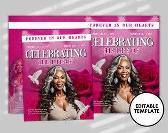 8.5"x 11" HOT PINK Obituary Template (8 pages)  Pink Style Funeral Program | Celebration of Life |Women Pink Rose Obituary |Canva Template