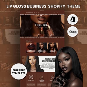 Peut inclure: Une maquette de site Web pour une entreprise de gloss à lèvres. Le site Web présente un schéma de couleurs brun et blanc avec des images de mannequins portant du gloss à lèvres. Le site Web comprend également du texte qui dit "The Boss Gloss" et "Bienvenue chez Boss Gloss, où votre couronne est notre passion."