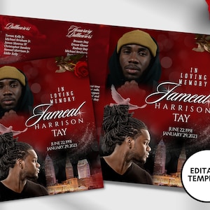 8.5&quot;x11&quot; BOOKLET Memorial program (16 pages)| Mens Red Funeral Program |Celebration of Life |Keepsake |Digital Download |Canva Template