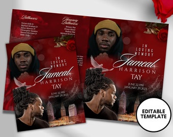 8.5"x11" BOOKLET Memorial program (16 pages)| Mens Red Funeral Program |Celebration of Life |Keepsake |Digital Download |Canva Template