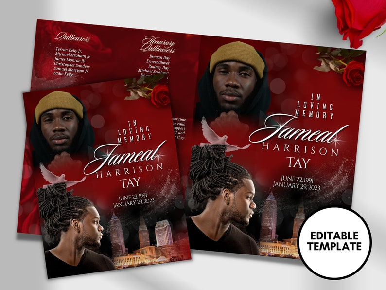 8.5x11 BOOKLET Memorial program 16 pages Mens Red Funeral Program Celebration of Life Keepsake Digital Download Canva Template image 1