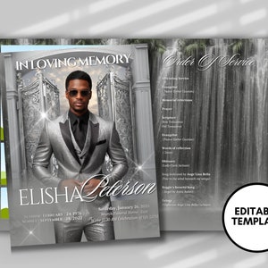 Puede incluir: Una plantilla de programa de funeral en blanco y negro con una foto de un hombre con un traje plateado. El programa incluye el nombre Elisha Peterson, las fechas de nacimiento y muerte, y el orden del servicio. El fondo es una cascada.